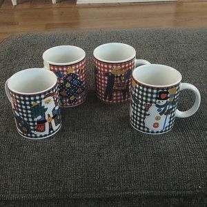 Vintage Set Christmas Gingham Coffee Mugs Riviera Van Beers